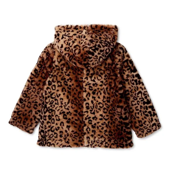 New Girls' Faux Fur Leopard Hooded Zip-Up Coat. - Picture 2 of 12